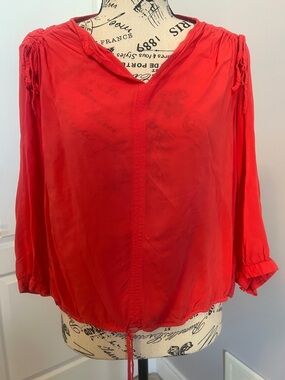 Ellen Tracy Vibrant Coral Drawstring V-Neck Blouse